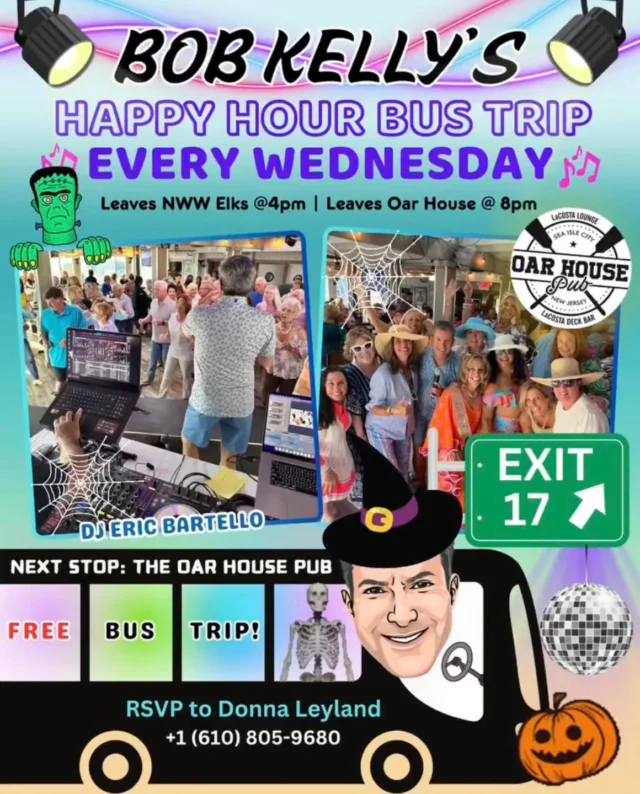 Secure your seat on the Haunted Bus Trip THIS Wednesday!👻🚌 FREE ride from North Wildwood Elks Lodge ➡️ Halloween Happy Hour at the Oar House Pub in Sea Isle City, NJ! 

📲RSVP to Donna Leyland at 610-805-9680
