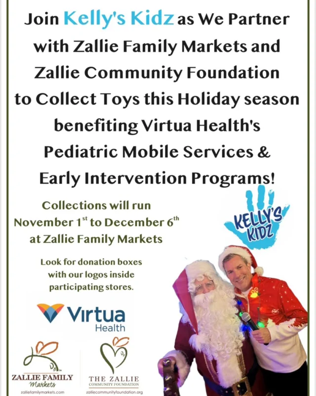 🎄’Tis the season!🎄Kelly’s Kidz is partnering with Zallie Family Markets & Zallie Community Foundation to collect toys for the children during the holidays!🎅🏼🕎 Donation collections begin TOMORROW at any of these 10 ShopRite locations:

🎁ShopRite of Center Square Plaza, 65 Center Square Road Woolwich Township
🎁ShopRite of Chews Landing, 1200 Chews Landing Road Laurel Springs
🎁ShopRite of Lawnside, 130 N White Horse Pike, Lawnside
🎁ShopRite of Glassboro, 201 Dalton Drive, Glassboro 
🎁ShopRite of Laurel Hill, 1224 Blackwood-Clementon Road, Clementon
🎁ShopRite of Medford 208 Rt 70 East, Medford
🎁ShopRite of Sicklerville, 542 Berlin Cross Keys Road, Sicklerville
🎁ShopRite of West Berlin, Route 73 at Mink Ave, Berlin
🎁ShopRite of West Deptford, 1077 Mantua Pike, West Deptford
🎁ShopRite of Williamstown, Black Horse Pike at Gordon Ave. Williamstown