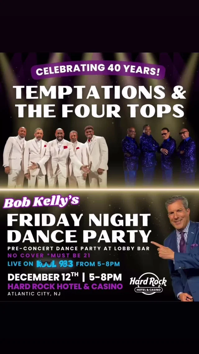 Next Friday… meet me at the Lobby Bar inside the @hardrockhcac for a Friday Night Dance Party!!🪩🕺 I’m hosting a Pre-Concert Dance Party before The Temps & The Tops Concert!🎶

🎟️Get your tickets to the concert here: https://casino.hardrock.com/atlantic-city/event-calendar/the-temptations-and-the-four-tops