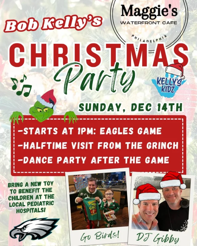 We’re celebrating Christmas at @maggies.waterfront.cafe on Sunday, December 14th!🎄We’ve got a whole day planned for you & the family! 

🦅Eagles game at 1pm
💚Grinch appearance during Halftime
🕺Dance party after the game w/ DJ Gibby

🎁Bring a new toy or pair of pajamas to benefit the children at @stchrishospital & @shoremedicalcenter