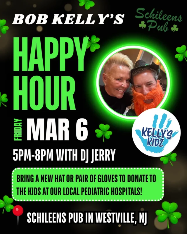 Looking for plans NEXT Friday??

Join me and DJ Jerry Corrado at Schileens Pub in Westville, NJ for a Friday Happy Hour!☘️

🕔 From 5-8PM
🍸 Come for dinner & drinks
🎶 DJ Jerry on the turn tables getting everybody on the dance floor moving!

🧸 Bring a new toy or pair of pajamas to benefit the kids at the local pediatric hospitals!