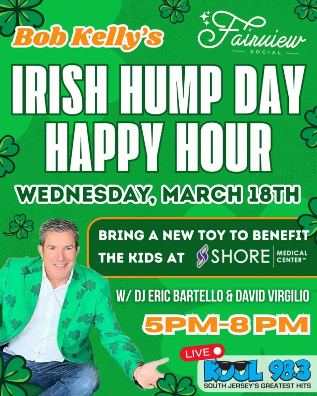 Get your green ready!☘️

Irish Hump Day Happy Hour at the Fairview Social THIS Wednesday from 5-8PM!🍸

Shore Medical Center will be joining us this week, please consider brining a new toy to benefit the kids at their hospital!🧸🚂

We’ll be LIVE on Kool 98.3 & Mixcloud, so make sure to tune in if you can’t make it in person!