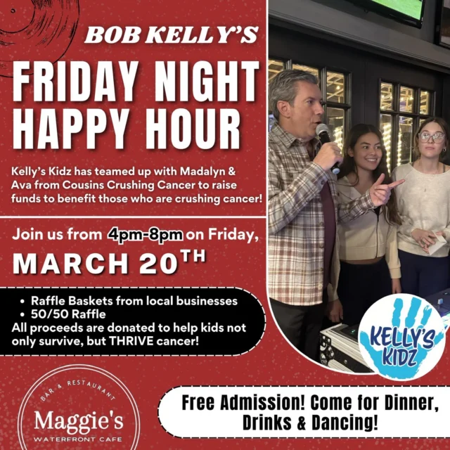 Kelly’s Kidz is teaming up with Cousins Crushing Cancer to raise money for a great cause!🩵

📅 Friday, March 20th
🕓 From 4-8PM (FREE Admission)
🎶 LIVE music
🎟️ Raffle baskets & 50/50

Come for dinner, drinks, and dancing!🕺Help us help kids not only surviving, but THRIVE cancer!