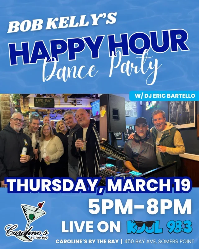We’re back dancing along the bay this Thursday!🪩 

Join Eric A. Bartello and I at Carolines By The Bay for a Happy Hour Dance Party on Thursday, March 19th!🍸 Party kicks off at 5PM!

Can’t make it? Tune in on Kool 98.3 to get in on the fun!🎙️

🧸Bring a new toy or a pair of pajamas to benefit the children at Shore Medical Center