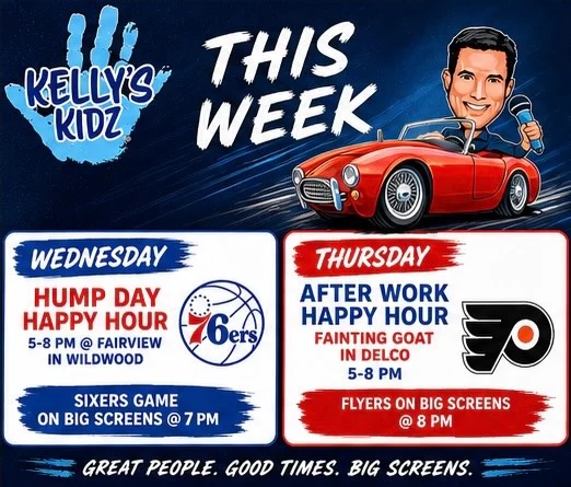 This week’s lineup!🚗🎤 Great People. Good Times. Big Screen. Help me cheer on our Philadelphia teams this week!!

🏀 This Wednesday - Hump Day Happy Hour at the @fairviewsocial from 5-8pm! Sixers game on all big screens starts at 7pm! Tune in live on @kool.983 & Mixcloud! 

🏒 This Thursday - After Work Happy Hour at the @thefaintinggoatpa from 5-8pm! Flyers games on all the big screens starting at 8pm!
