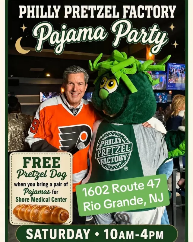 🥨Philly Pretzel Factory Pajama Party🥨

Tomorrow morning, roll outta bed and meet me at the Philly Pretzel Factory in Rio Grande on Route 47! I’m throwing a pajama party!🛌

I’ll be there at 11am, join me to celebrate the birthday of their mascot!🎂

For every person that brings a pair of pajamas to benefit the kids at Shore Medical Center, you’ll get a 🥨FREE PRETZEL DOG!🥨

📍Philly Pretzel Factory | 1602 Route 47
🗓️Saturday, May 2 from 10am - 4pm