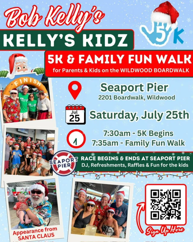 Looking ahead to July, I’m excited to host another Kelly’s Kidz 5K & Family Fun Walk at Seaport Pier!🏃 Sign up now as a runner or walker! 

📍 Seaport Pier | 2201 Boardwalk, Wildwood
🗓️ Saturday, July 25th
🕢 7:30AM 5K starts | 7:35AM family walk starts

📲 Register here: https://runsignup.com/Race/NJ/NorthWildwood/KellysKidz5K