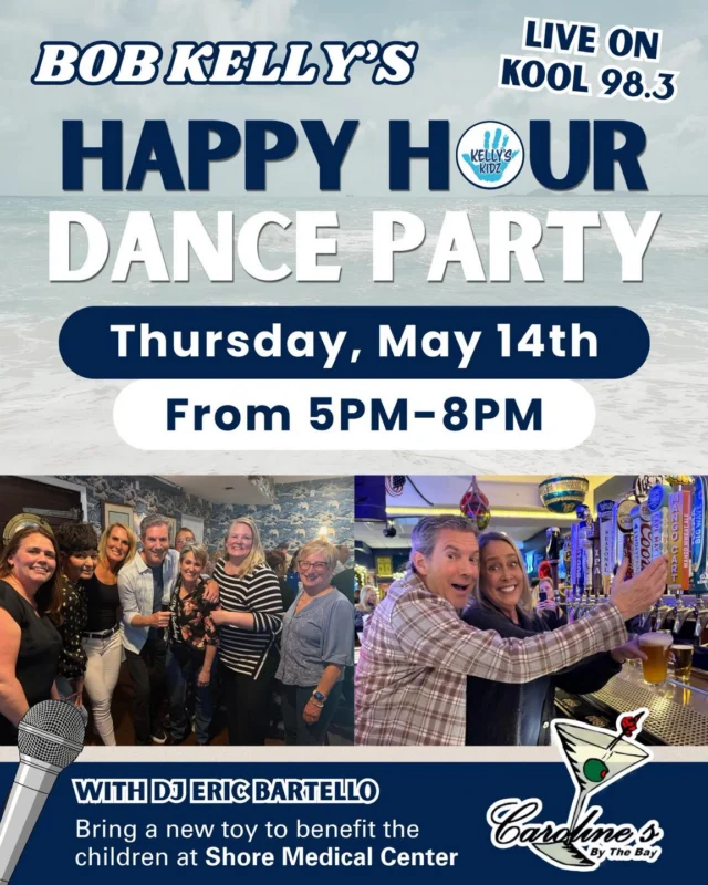 We’re back by the bay this upcoming Thursday, May 14th!🍸 Join me for a Happy Hour Dance Party at Carolines By The Bay from 5-8PM!

We’ll be LIVE on Kool 98.3, be sure to tune in on the fun! I’ll have DJ Eric Bartello with me spinning your favorite records!🎶

🧸 Please consider bringing a new toy or pair of pajamas to benefit the kids at Shore Medical Center!
