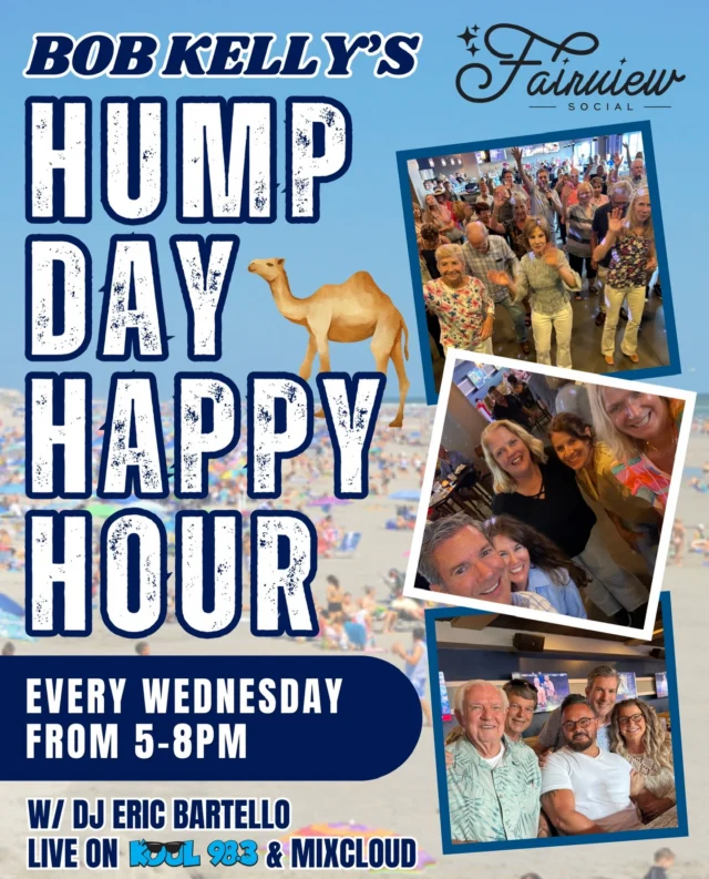 WILDWOOD’S BIGGEST MIDWEEK PARTY

🎵 Bob Kelly’s Hump Day Happy Hour
📍 The Fairview Social
🕔 Every Wednesday • 5-8 PM
🚗 FREE Valet Parking
💵 NO COVER 
🚌 FREE Seaport Shuttle 609-602-4098
🎁 Gift Cards to Best Restaurants 
📻 Broadcast LIVE on KOOL 98.3
📹 Watch LIVE on Mixcloud http://www.mixcloud.com/live/bobkellylive

🧸Bring a new toy or pair of pajamas to benefit the kids at Shore Medical Center