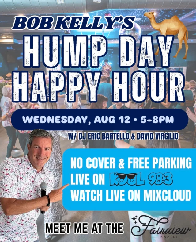 Celebrate HUMP DAY with me EVERY Wednesday at the Fairview Social! Happy Hour kicks off at 5pm and we dance all night long!🪩🕺

🎙️ Can’t make it? Tune in LIVE on Kool 98.3 & Mixcloud thanks to my buddy David! 

🚫 No cover
🎶 DJ Eric Bartello
🚗 FREE Valet Parking
🚌 FREE Seaport Shuttle will pick you up and drop you back off at home afterwards. Call 609-602-4098!

🧸 Please consider bringing a new toy, a pair of pajamas to benefit the kids at Shore Medical Center!