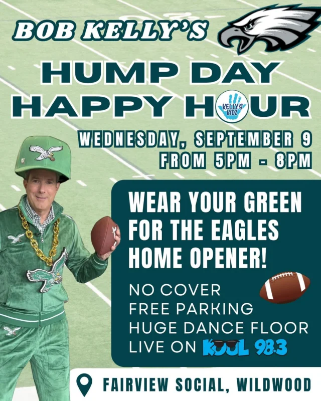 Get your green ready… this upcoming Wednesday we’re cheering on our Philadelphia Eagles!!🦅🦅🦅

From 5-8pm at the Fairview Social in Wildwood, wear your favorite eagles outfit and come dance with us! We have DJ Eric Bartello on the turn tables!🎶 

🎙️ Can’t make it? Listen LIVE on Kool 98.3 or watch along at home on Mixcloud!

🧸 Bring a new pair of pajamas to benefit the kids Shore Medical Center