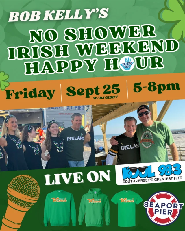 Head into Irish weekend with me at the Seaport Pier for an Irish Themed No Shower Happy Hour!! ☘️☘️☘️

Get out all your green and kick off the weekend with me and DJ Gibby from 5-8pm on the Boardwalk!🎶 We’ll have some Irish dancers, ice cold drinks, and raffles for the adults & kids! Bruno will be set up with all the hottest Irish t shirts and sweatshirts for sale!☘️

🎙️ Can’t make it? Listen along - LIVE on Kool 98.3

🧸 Don’t forget to bring a new toy or pair of pajamas as a donation to benefit the children at the local pediatric hospitals! 

Let’s kick off the annual Irish Festival Weekend in the Wildwoods!☘️