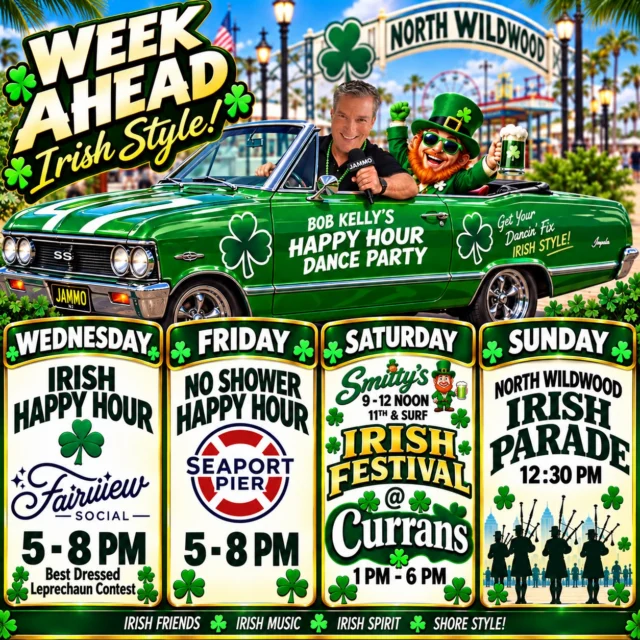 Getting ready to head down the shore this weekend for the Irish Festival in North Wildwood!☘️☘️ Here’s a whole lineup of plans for you and your friends this week/weekend…

🪩 Wednesday - Hump Happy Hour at the Fairview Social from 5-8pm! BEST DRESSED LEPRECHAUN CONTEST🏆 Huge dance floor so it’s the perfect way to kick off the weekend! 

🏖️ Friday - No Shower Happy Hour at the Seaport Pier from 5-8pm! Throw a hat on and come on over. We’re dancing on the boardwalk all night long! Fun for the kids and drinks for the adults! 

☘️ Saturday - Dance Party at Curran’s to help break up all the shopping! We’re dancing from 1-6pm so stop on by! They have great food, drinks, and Irish dancers! We’ll be set up right outside so you can dance on by or stick around for a little!

🎺 Sunday - This all leads up to the Irish Parade that kicks off at 12:30! The Irish Boxing team, Irish Danvers, and MORE! Wave to me in the parade!!👋🏼

🧸 Kelly’s Kidz is collecting toys at ALL OF THESE EVENTS! All donations benefit the children at shore medical center!