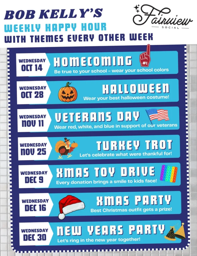 Start planning your outfits…. Hump Day Happy Hour continues EVERY WEDNESDAY ALL YEAR LONG‼️ Every other week, join me in dressing up for a few themed nights!

First up next week….. Homecoming📚🏫 Be True to Your School and wear an old uniform, varsity jacket, or your school colors!

➡️ We kick things off at 5pm every week with DJ Eric Bartello on the turn tables. We go LIVE on kool 98.3 & Mixcloud for those of you who can’t make it - thanks to my buddy David